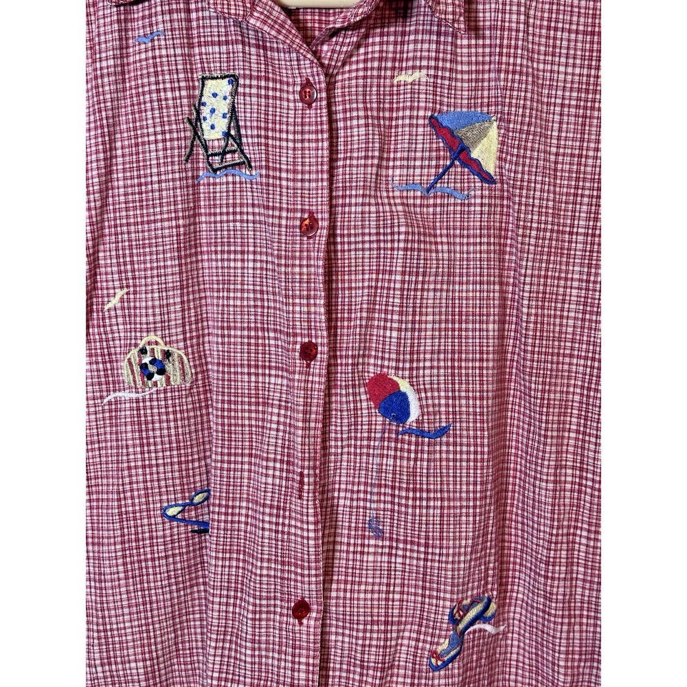 Vintage 90’s Bobbie Brooks Shirt Size XL Red Checkered Sailboat Beach Vacay Top - Picture 2 of 11